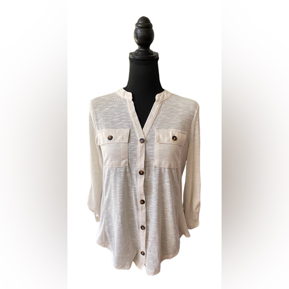 NoBo: Ivory White Button Down Shirt with Toll Tab Sleeves